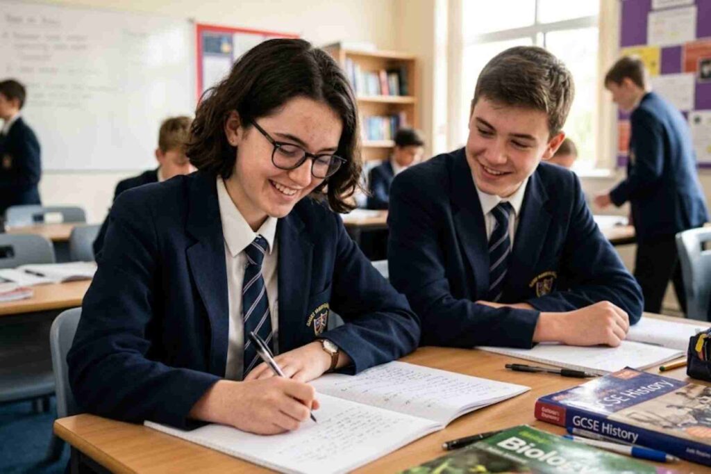 GCSE students studying An Inspector Calls revision guide in class