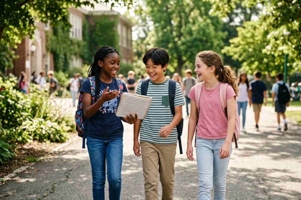 Grade 8 9 students discussing English Literature revision outside school 4 11zon