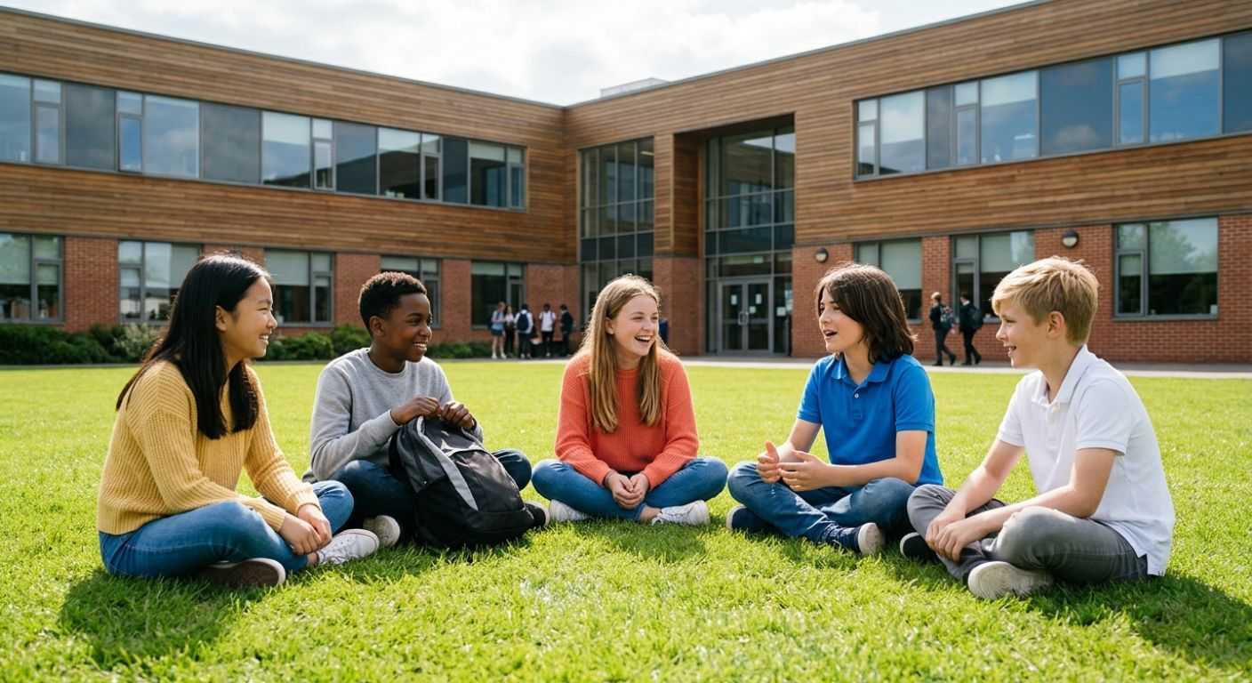 Students chatting outside school on a sunny day
