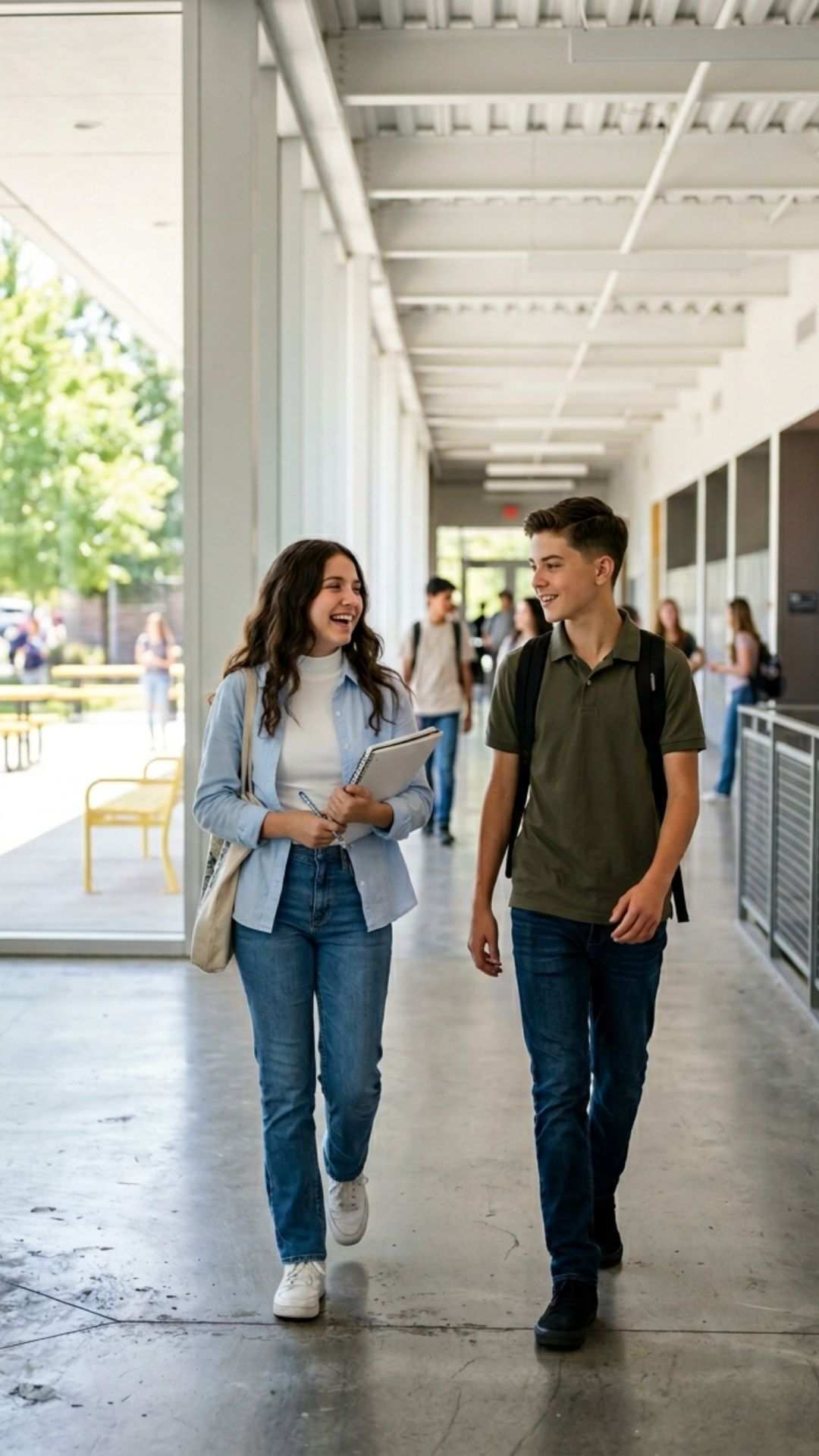 Two students walking and talking in school corridor