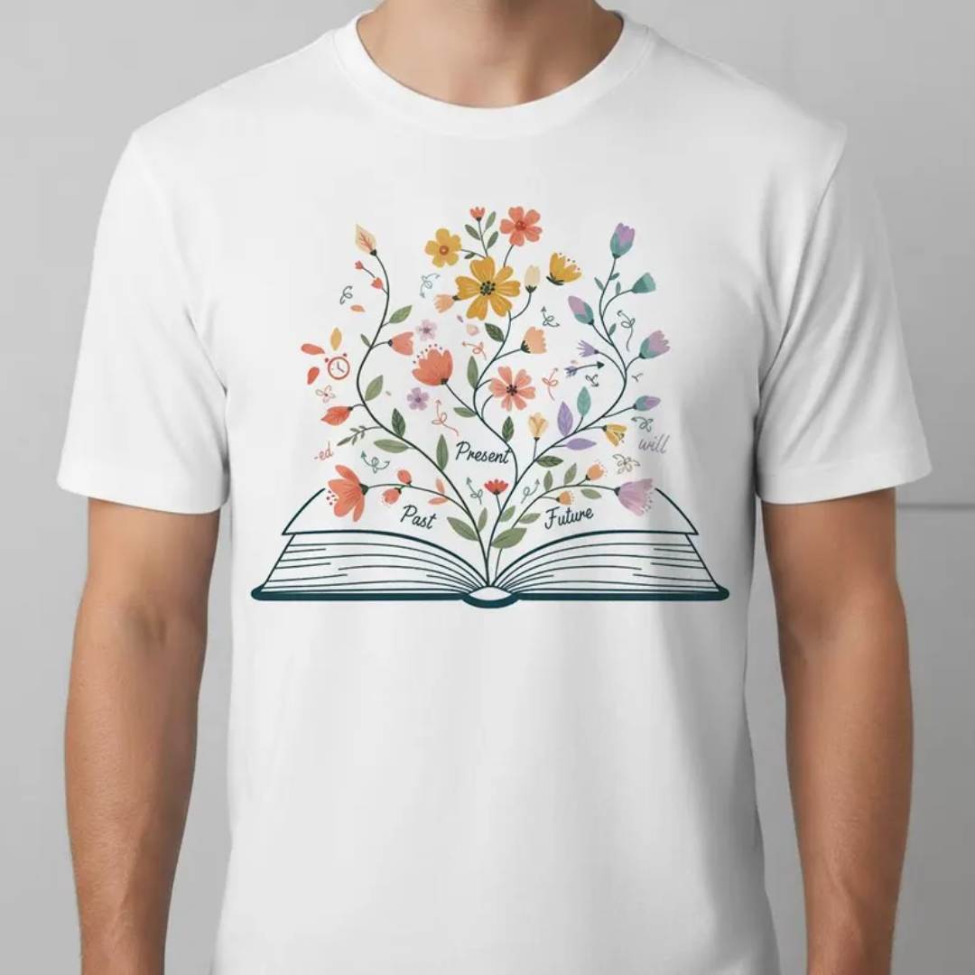 Past Present Future Grammar Flower Book Shirt English Teacher T‑Shirt
