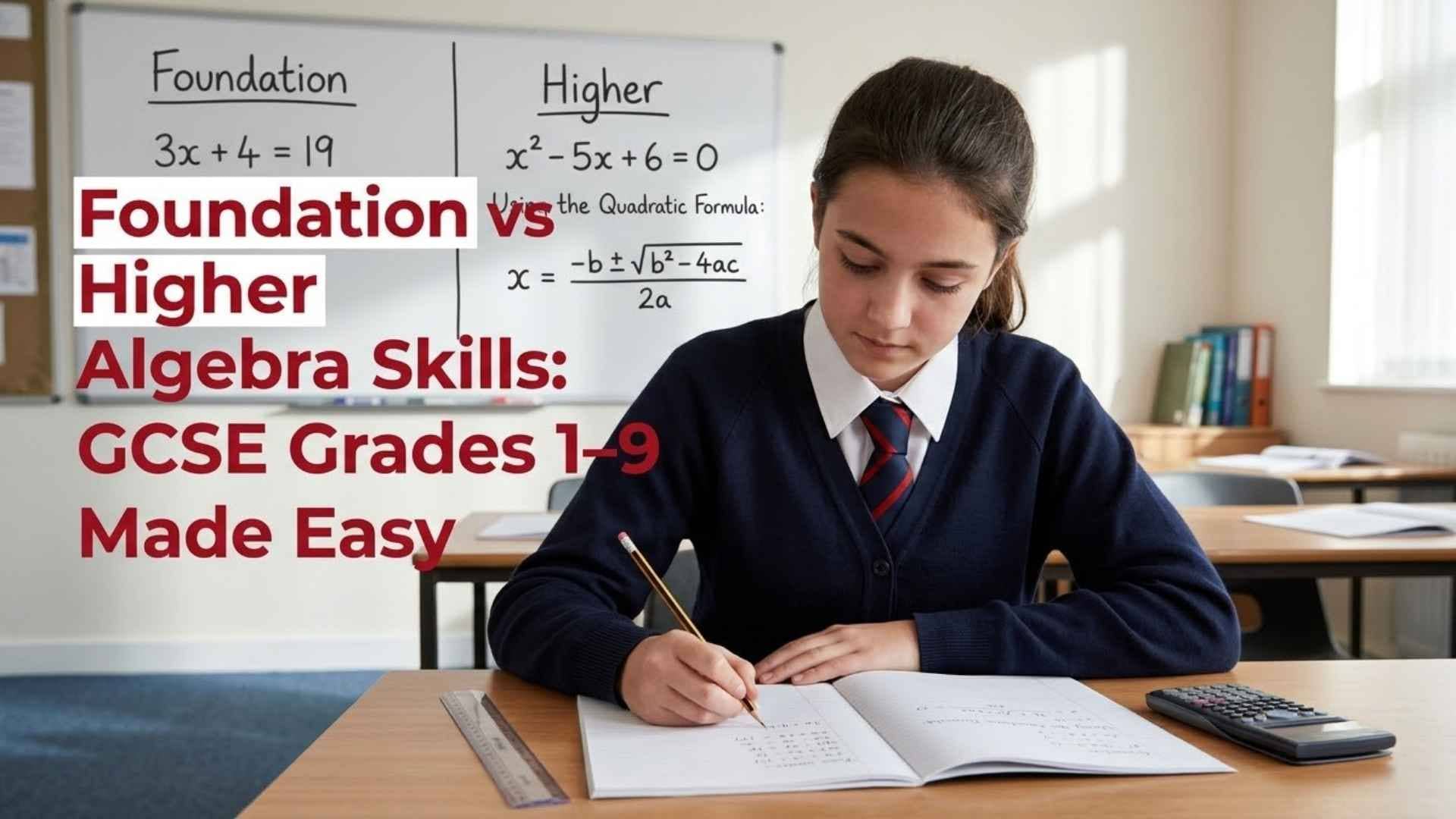 GCSE student comparing Foundation vs Higher algebra skills during maths revision